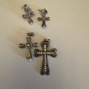 Silver Cross Earrings and 2 Pendants Set